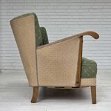Canapé danois 3 places des années 1950, tissu en laine d'ameublement vert/beige, bois de chêne.