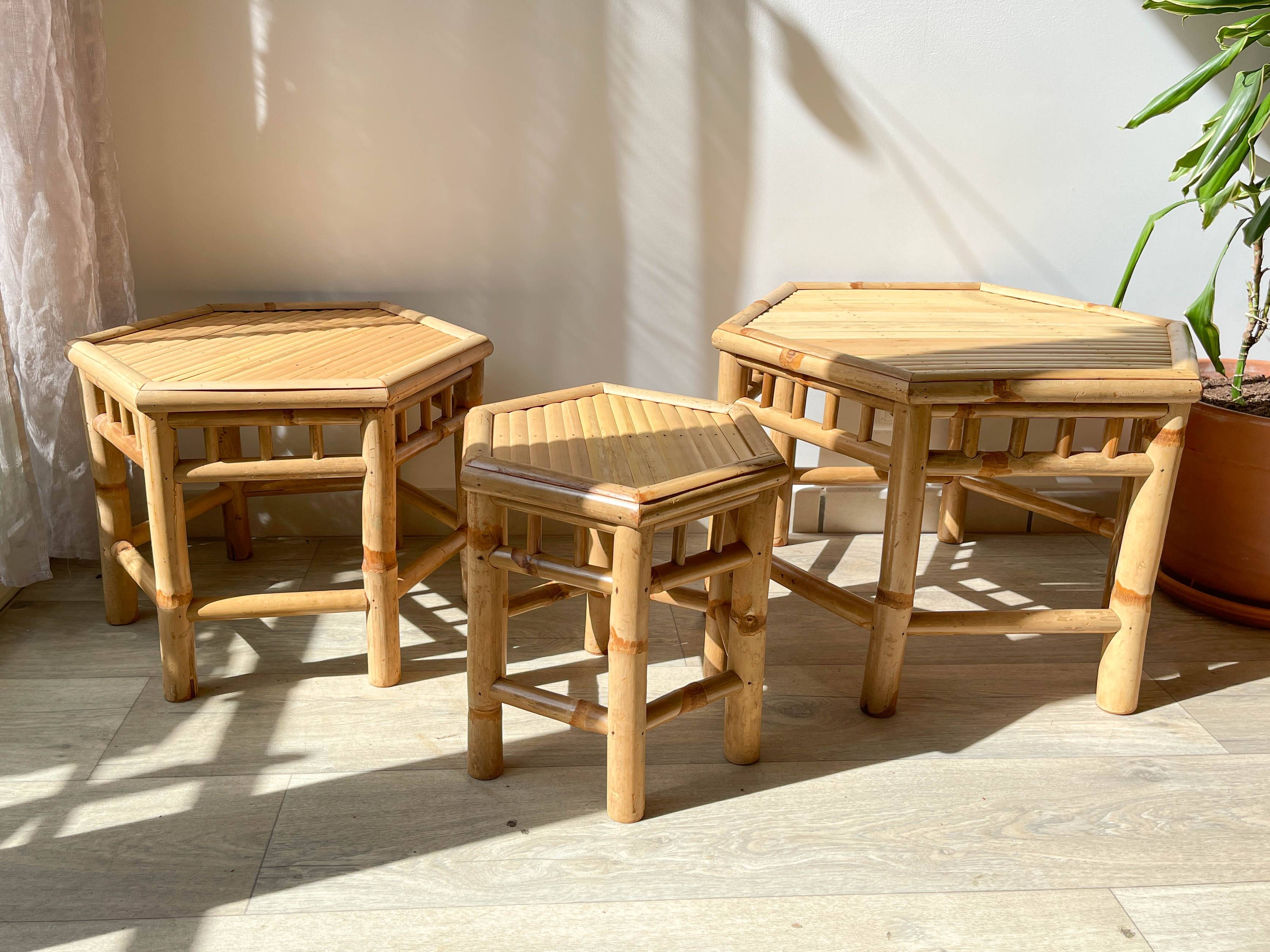 3 Vintage Bamboo Hexagonal Nesting Coffee Tables, 1970s