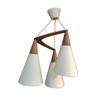 Boomerang Design Chandelier in Teak and Opaline 1970