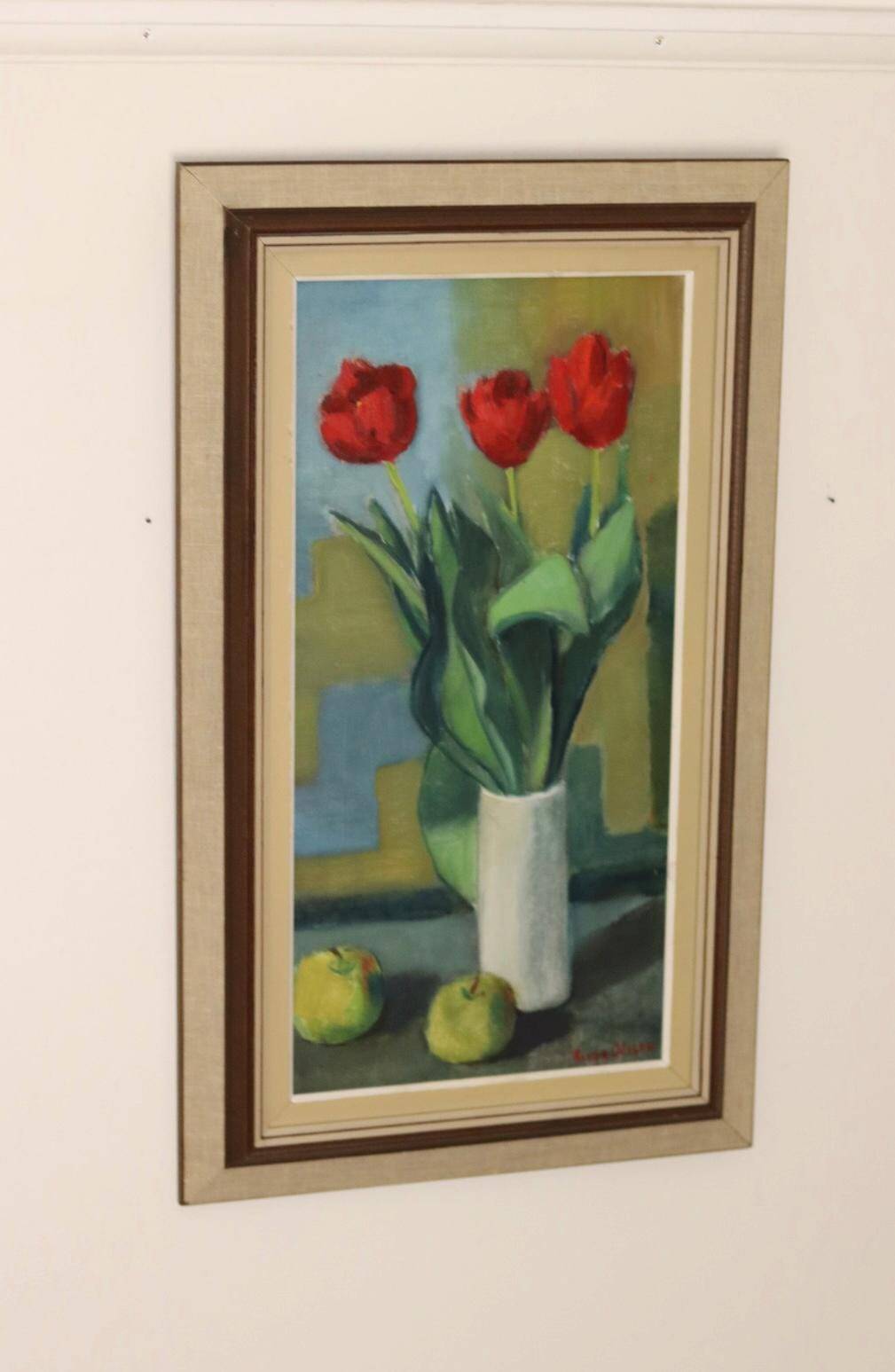 1970's Large Swedish Mid-Century Oil On Board Painting" Still life Tulips " by Hugo Olsson