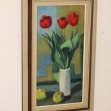 1970's Large Swedish Mid-Century Oil On Board Painting" Still life Tulips " by Hugo Olsson