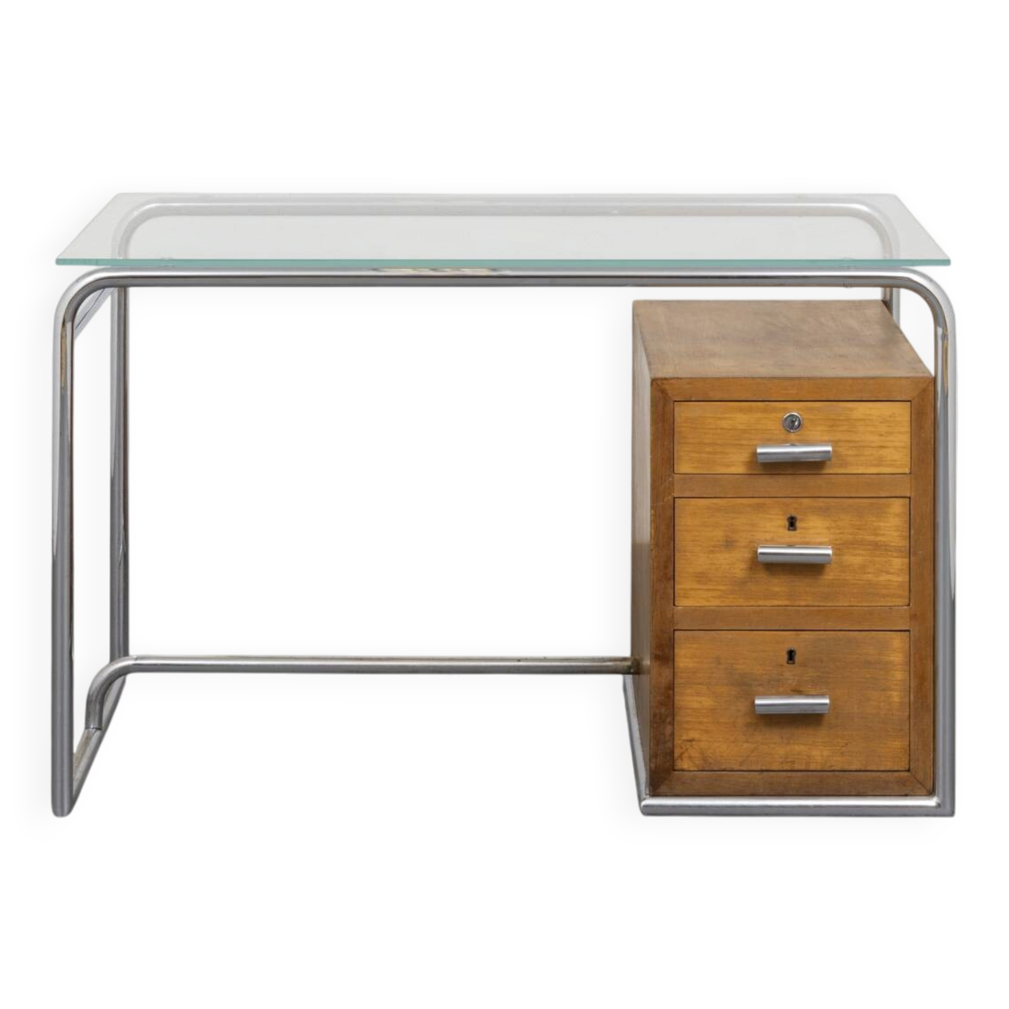 Cova Milano rationalist desk in walnut, tubular steel and glass, 1940s