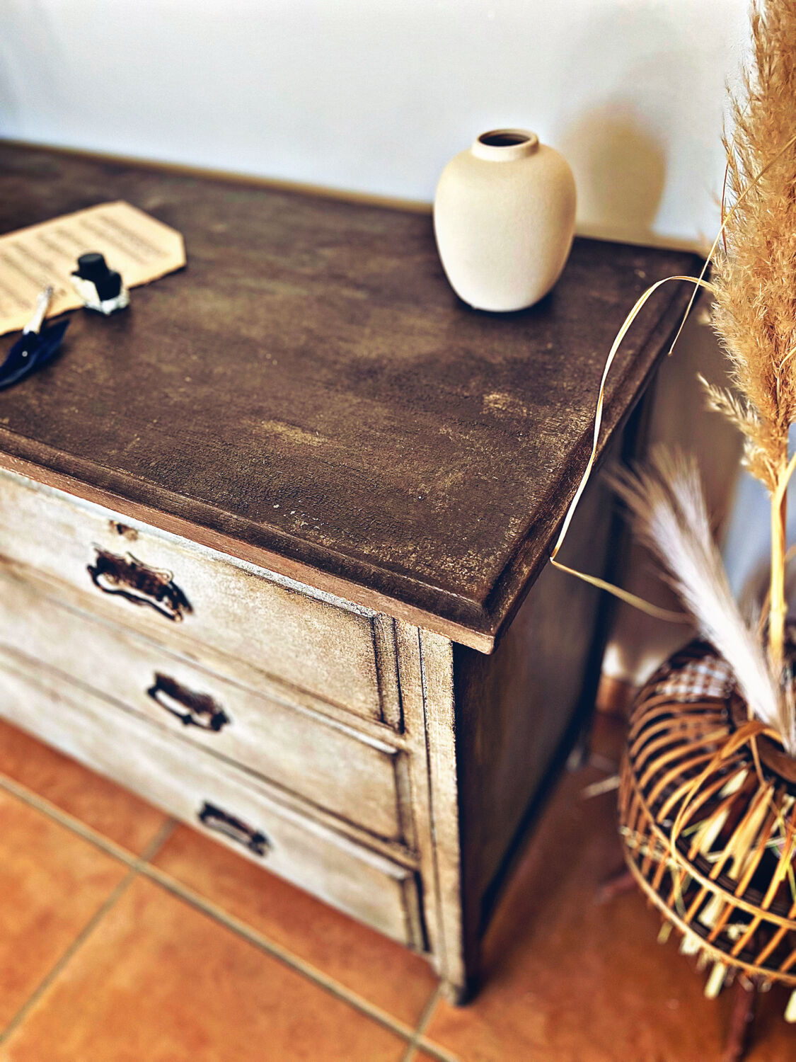 Antique commode, patinated, blue-grey Tuscany.