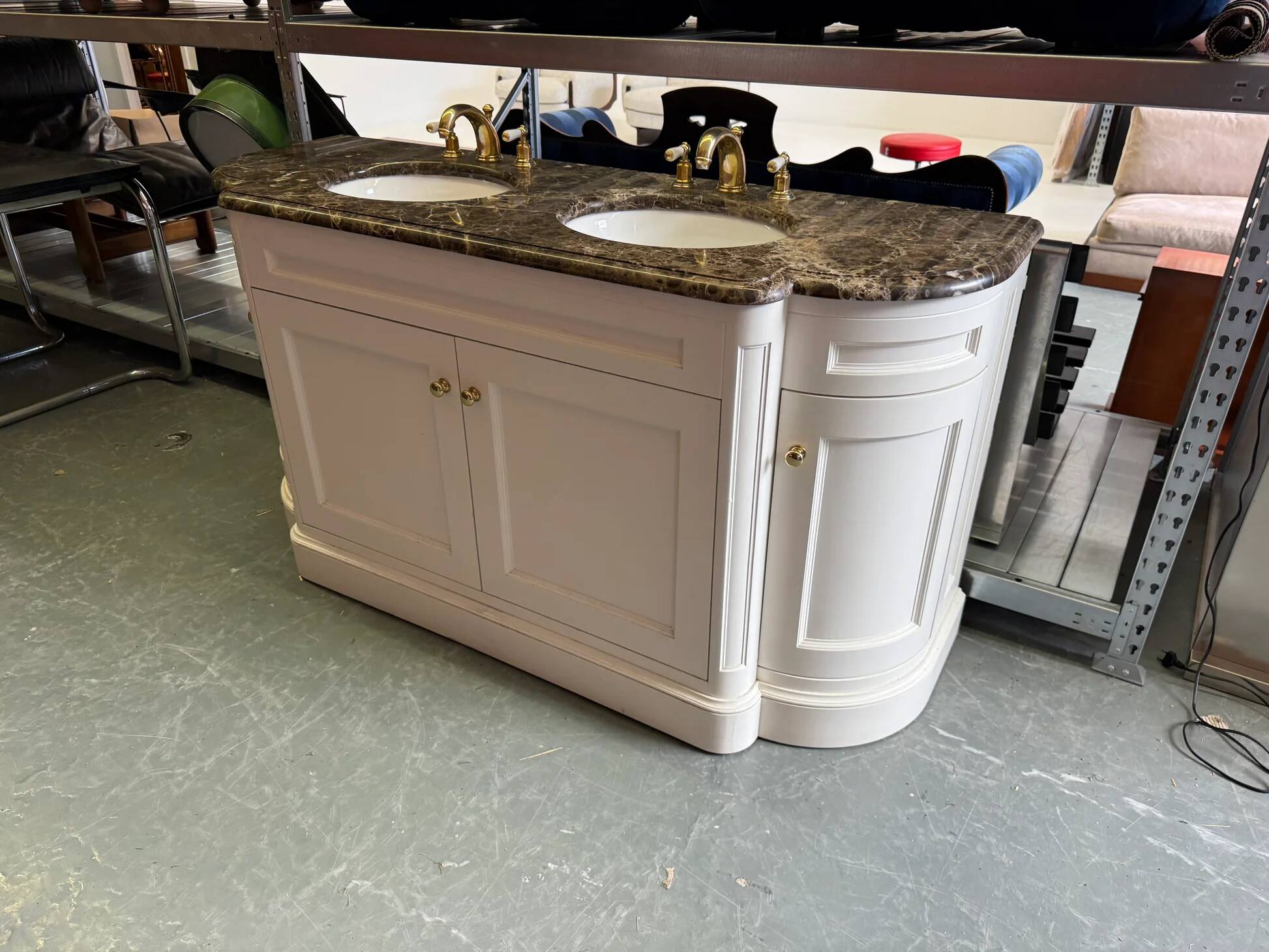 Classic double bathroom cabinet with marble top and gold fittings