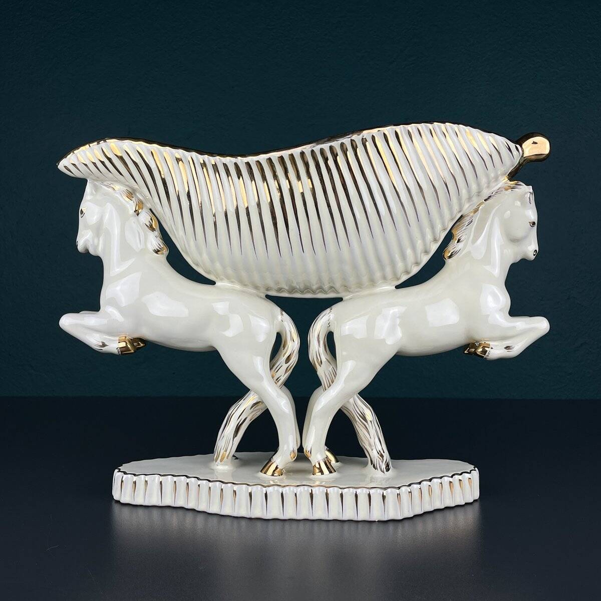 Antique ceramic vase with horses by Egisto Fantechi Maioliche Ceramic, Sesto Fiorentino, Italy, 1940s.