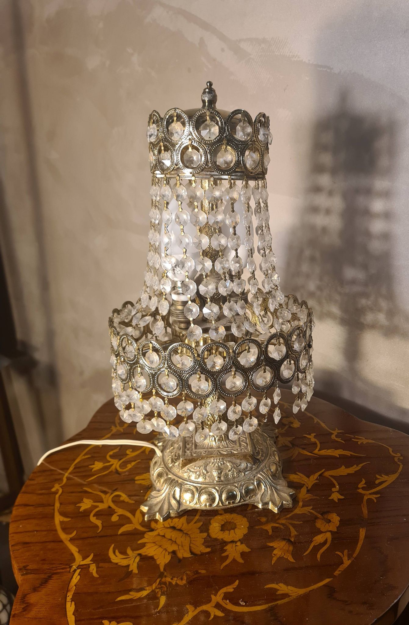 Bronze and brass table lamp 40x20 with crystal glass pendants from the 1940s to 1950s