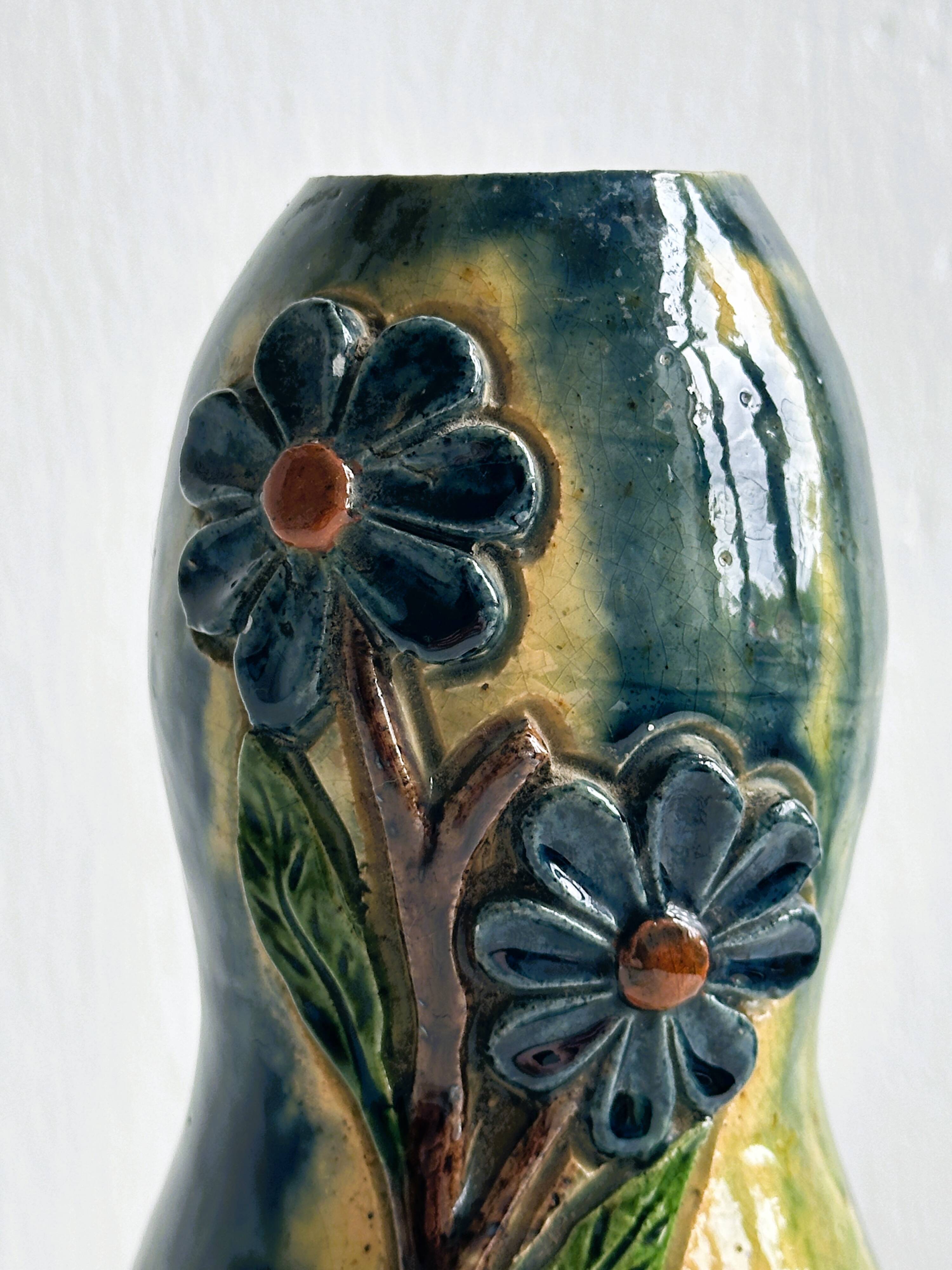 Vintage glazed ceramic vase – Floral motifs in relief