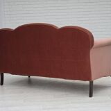 1950s, Danish 2-seater sofa, salmon pink furniture velour, oak wood legs.