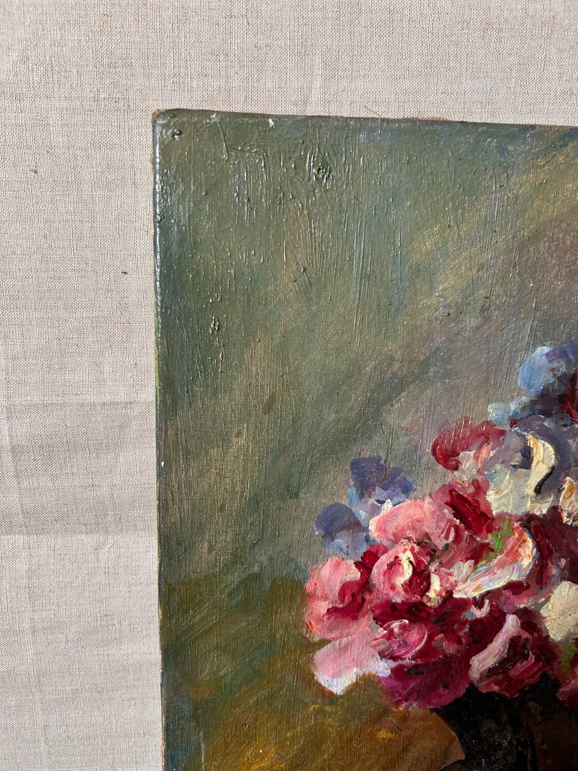 Old table still life with flowers oil painting