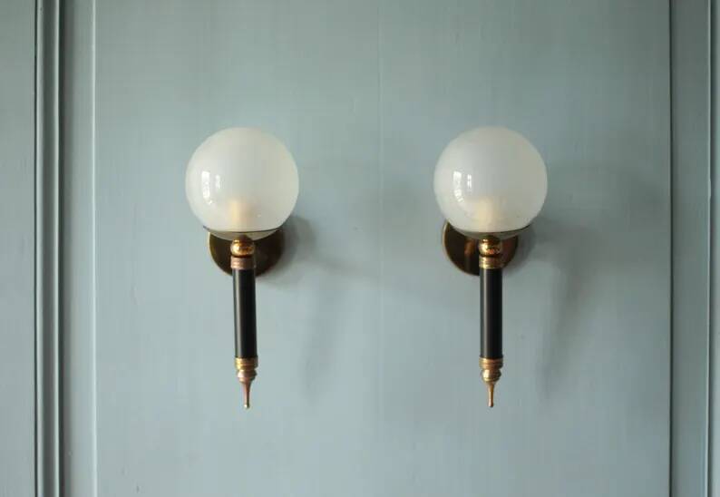 Pair of vintage wall sconces, brass sconce and opaque glass globe, vintage lamp, wall lamp, 50s.
