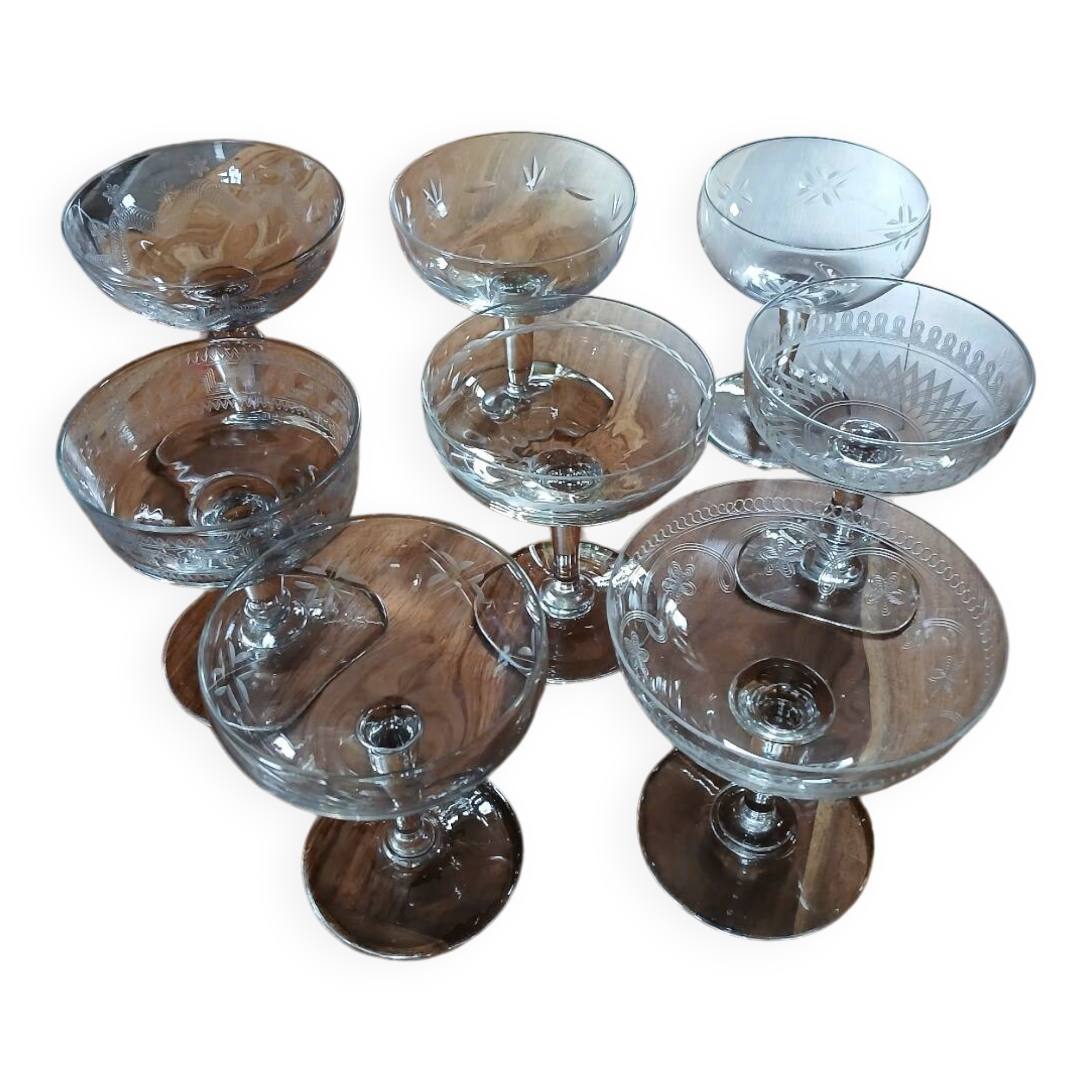 8 mismatched vintage champagne coupes