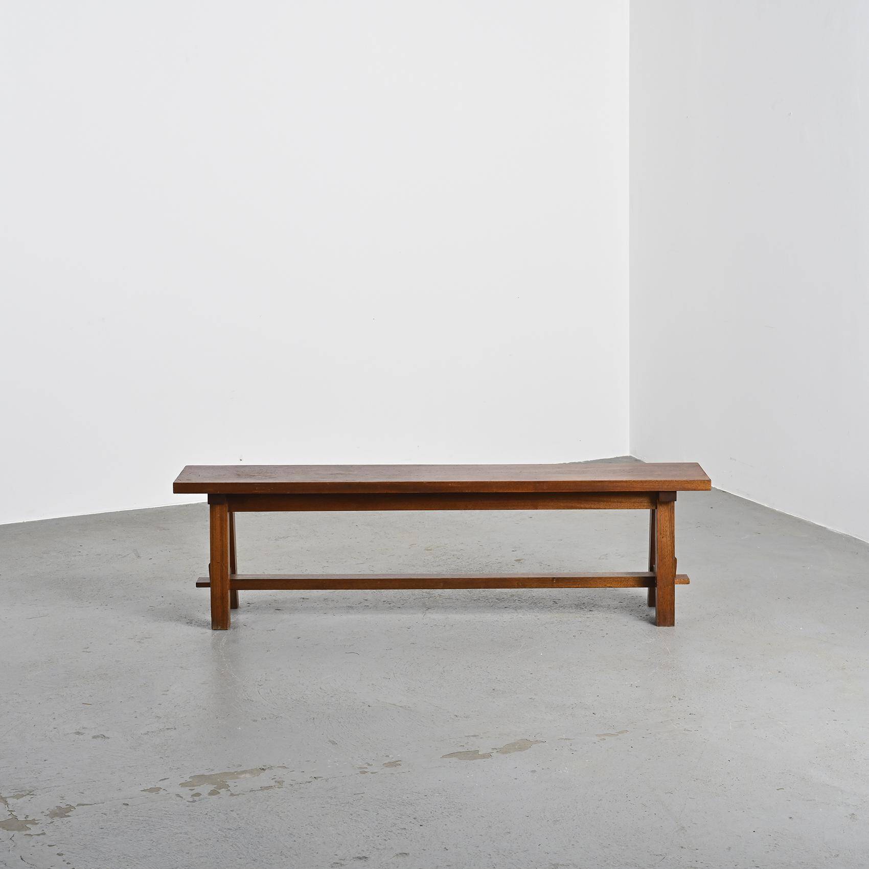 Mahogany dining table and benches, mountain work, France circa 1960
