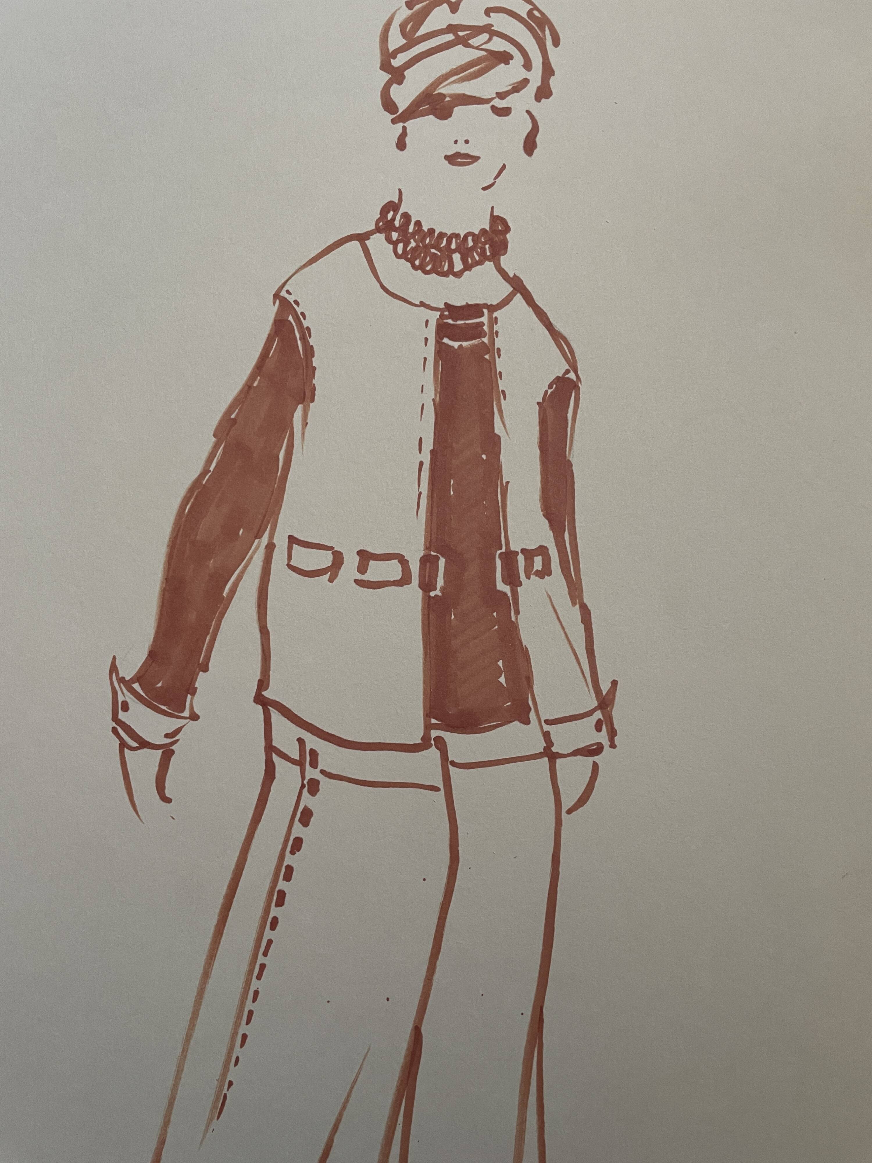 Painting signed in ink fashion engraving "study of a model of a woman's sleeveless vest"