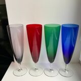 Set of 4 champagne flutes in colored glass 70s