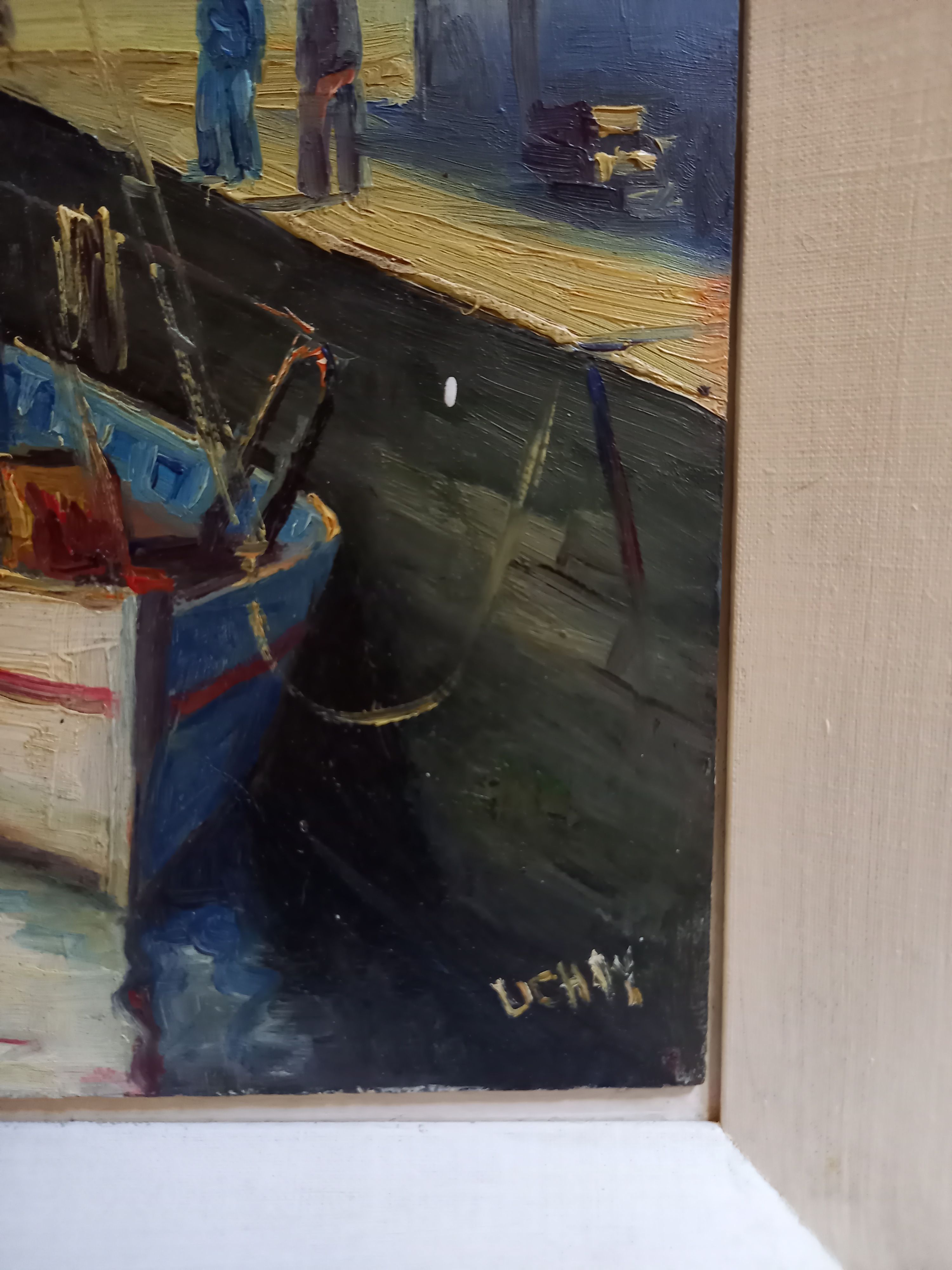 Old painting, oil on wood, representing a port with a fishing boat