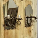 Pair of Art Deco wrought iron and smoked glass wall lights