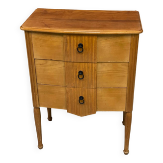 Vintage high pedestal bedside table in solid wood with 3 drawers 60x35x80cm