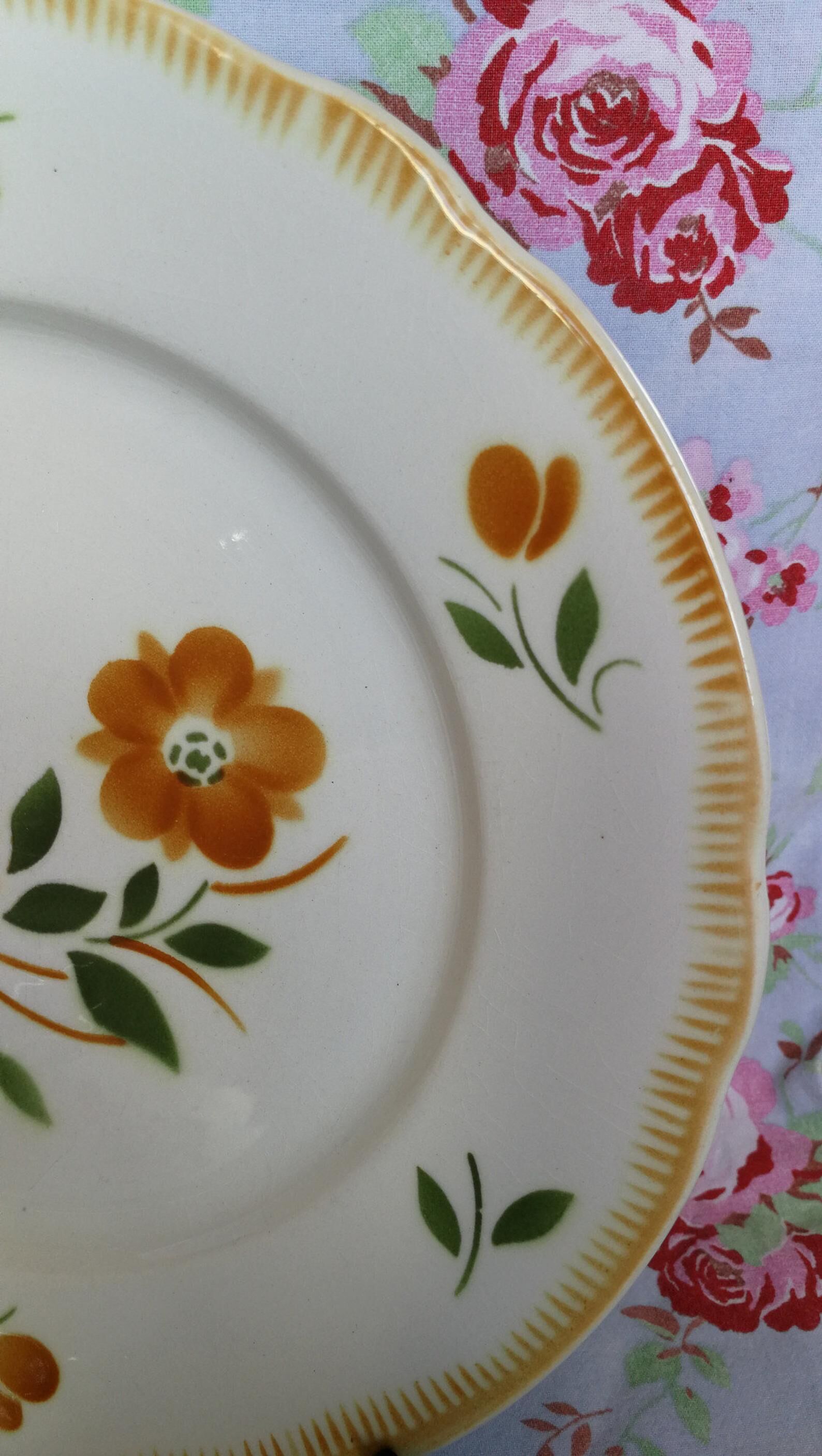 6 Badonviller Old Plate Plates - Orange and Green Flowers