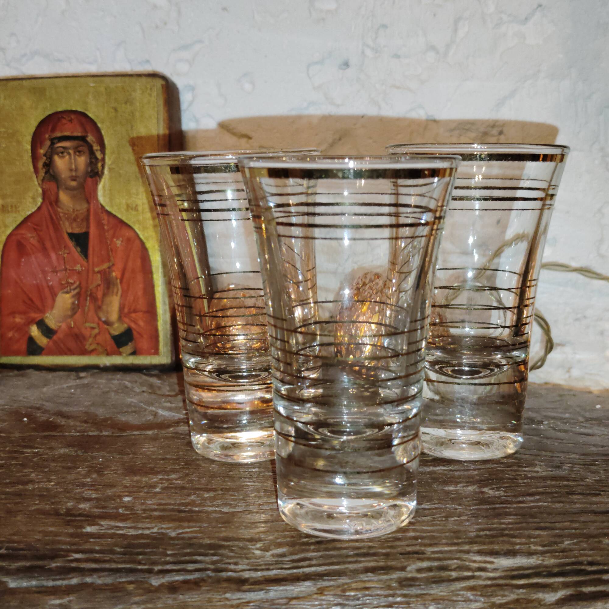 Set of 3 Art Deco Fired Wine Glasses - 1940 Certified - Gold Filled - French