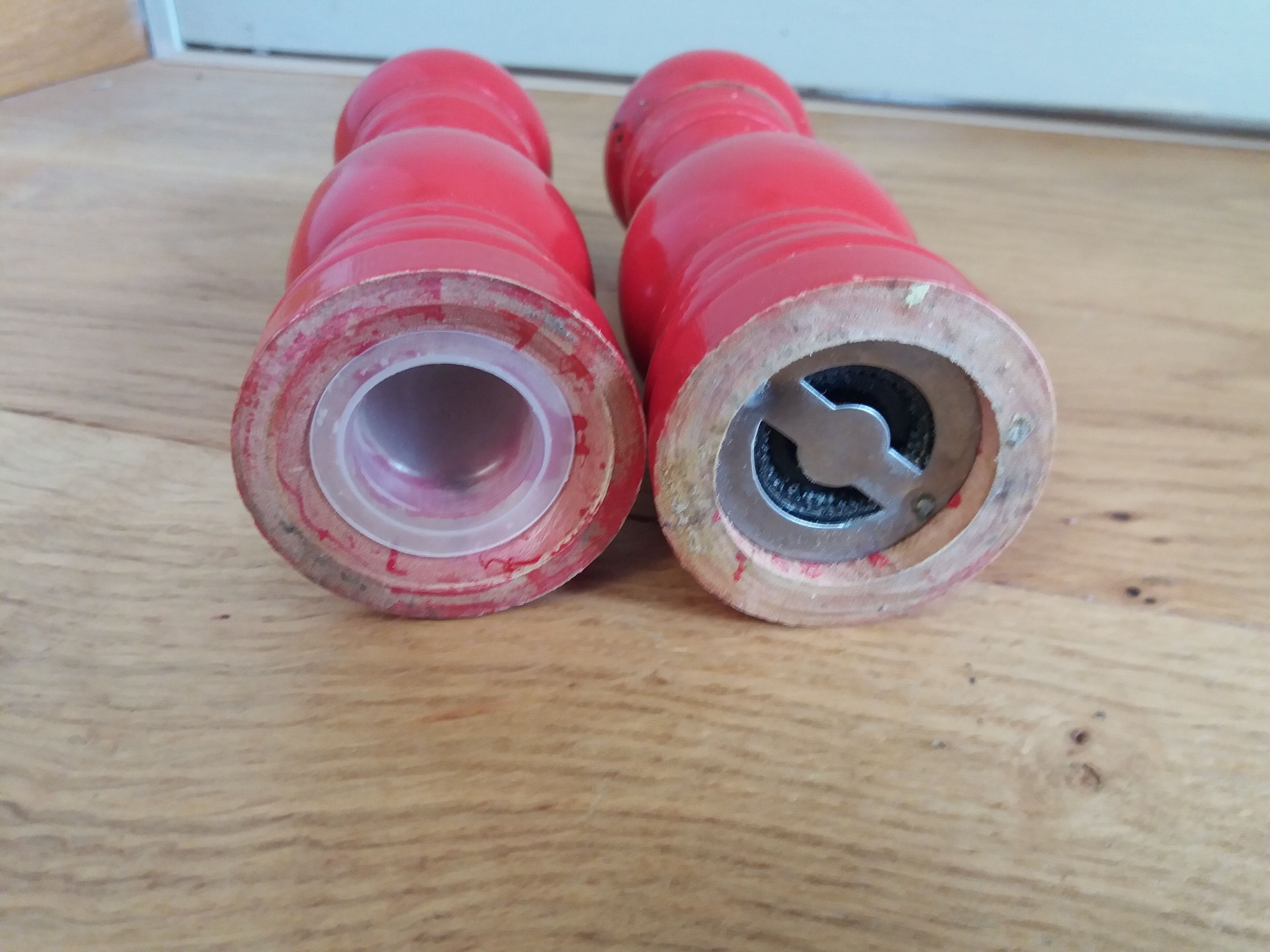 Pepper mill and turned wooden salt shaker