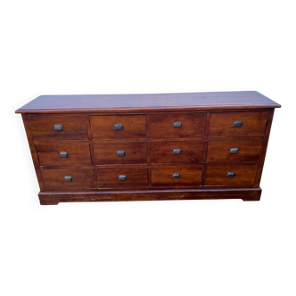 Old and authentic trade storage unit counter with 12 large drawers in cherry wood 1950