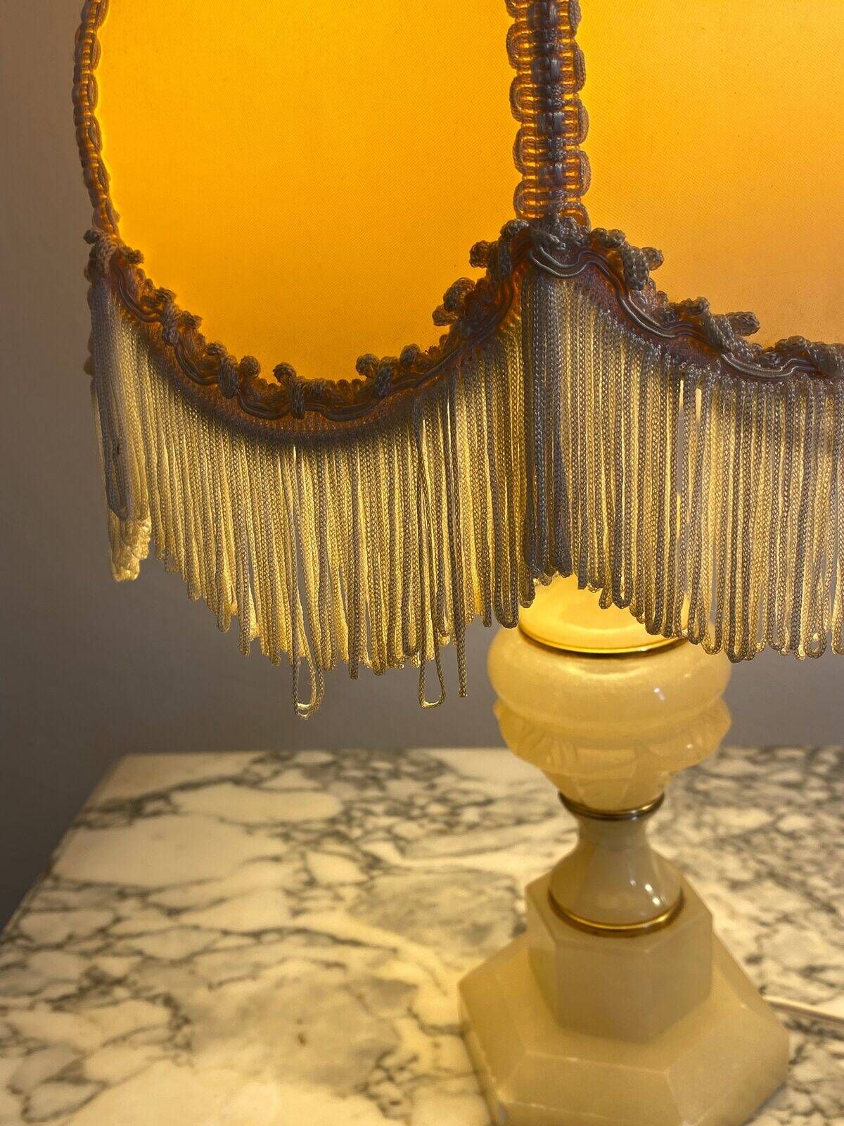 Alabaster lamp, frilled shade with fringes, 1930s-1940s.