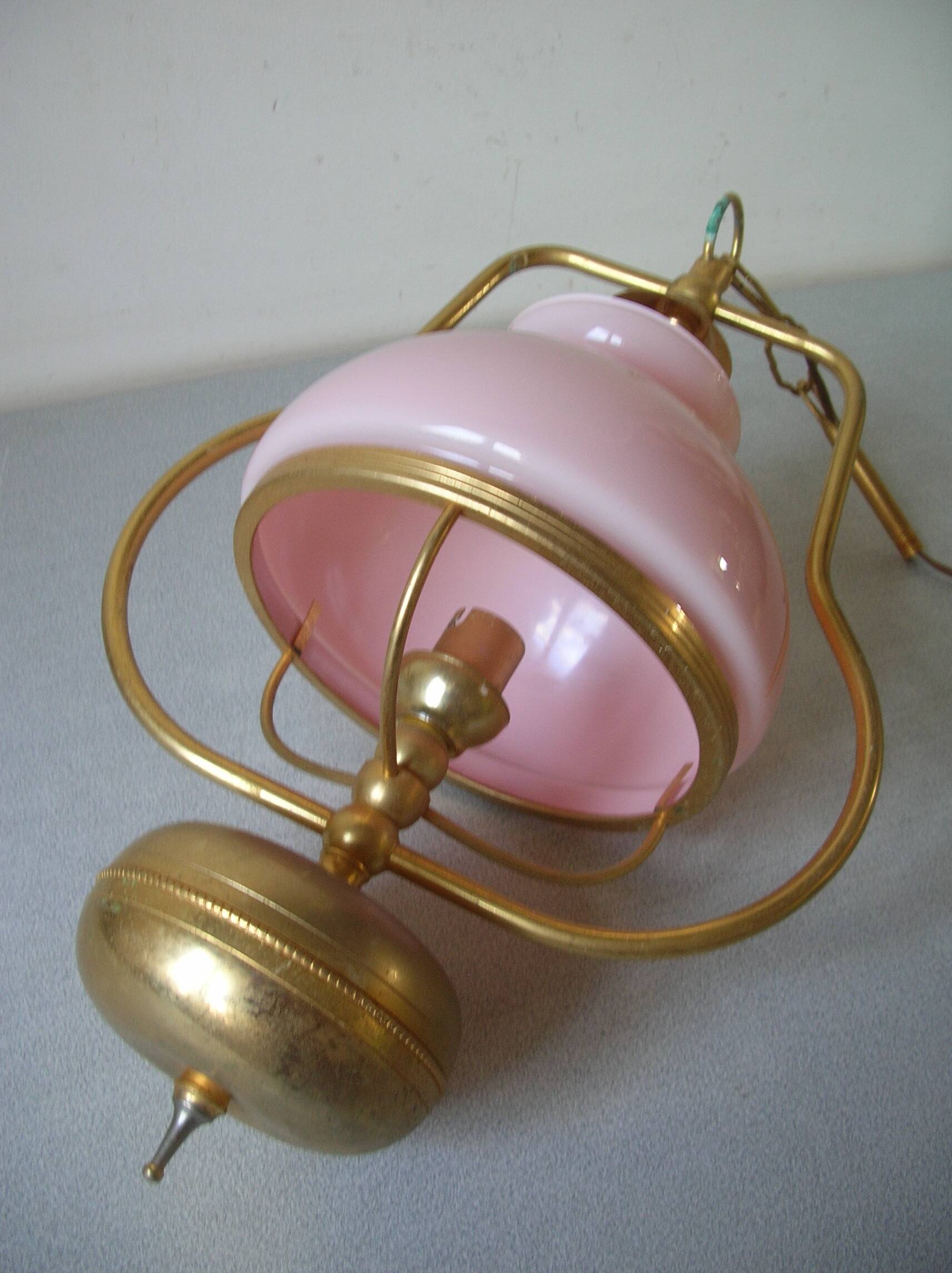 Old chandelier suspension light fixture in golden brass pearl pink opaline lampshade