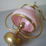Old chandelier suspension light fixture in golden brass pearl pink opaline lampshade