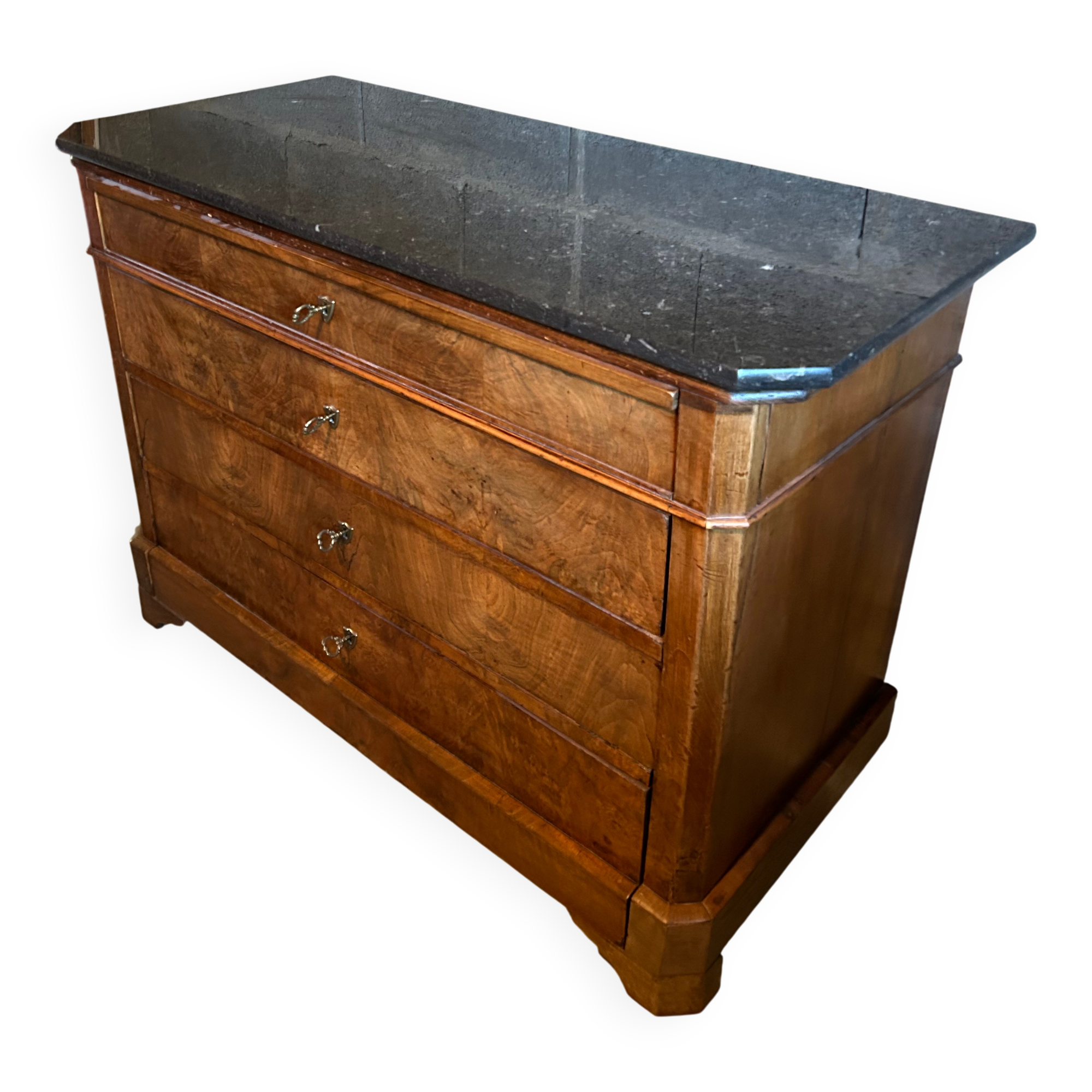Commode Louis-Philippe noyer ronce plateau marbre noir — XIXe siècle