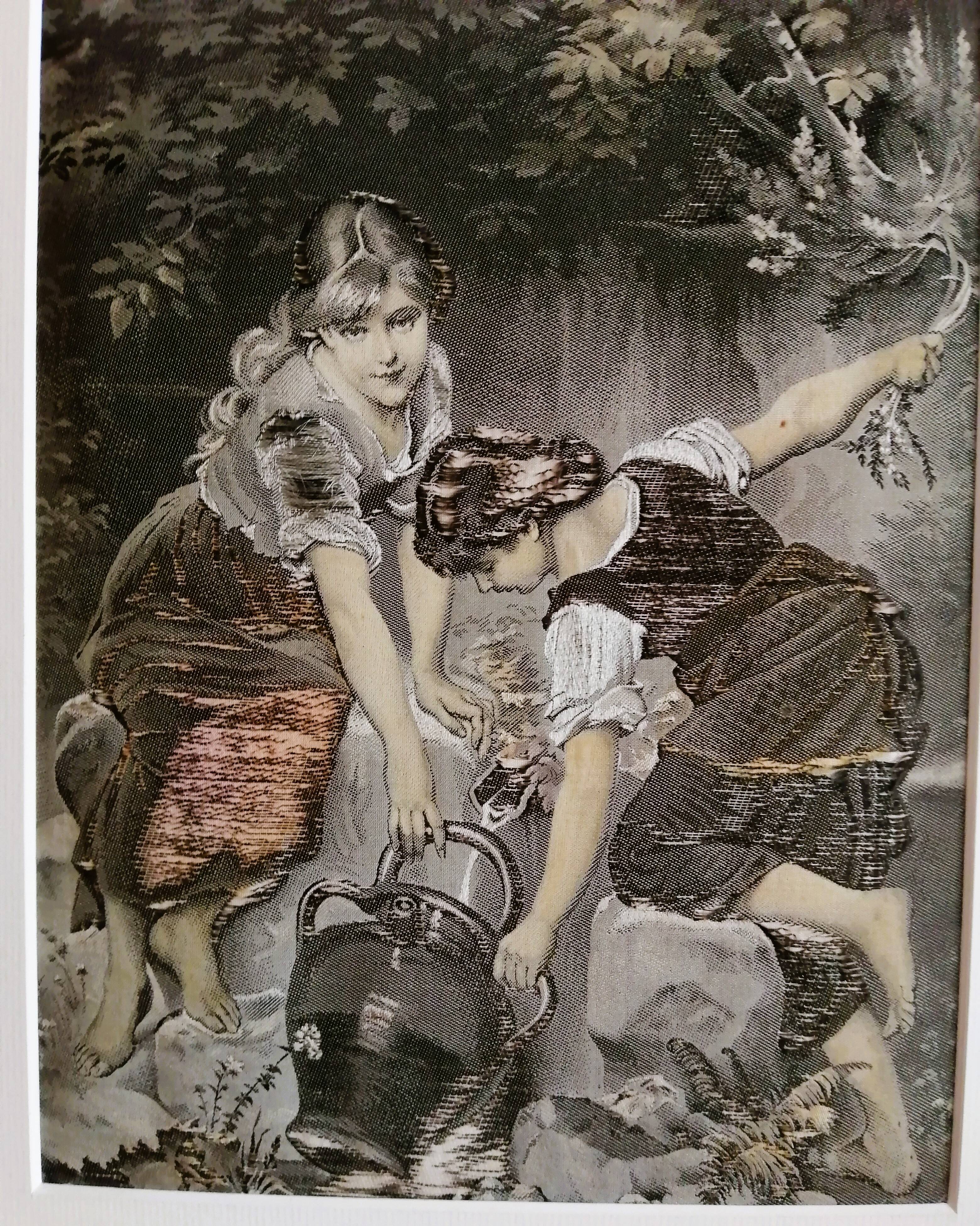 PAINTING ON FABRIC, GILDED FRAME - Young girls at a fountain. (Paris 12th arrondissement)