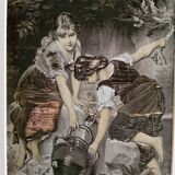 PAINTING ON FABRIC, GILDED FRAME - Young girls at a fountain. (Paris 12th arrondissement)