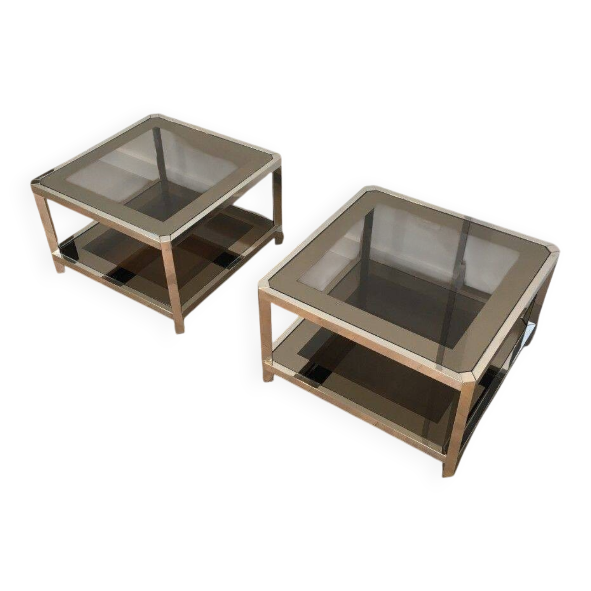Pair of octagonal chrome side tables with tinted glass tops