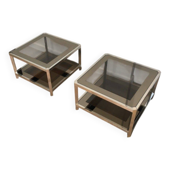 Pair of octagonal chrome side tables with tinted glass tops