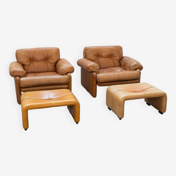 Paire de fauteuils avec pouf de couleur cognac modèle "Coronado" par Afra & Tobia scarpa pour B&B It