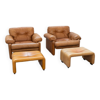 Pair of armchairs with cognac-colored pouf, "Coronado" model by Afra & Tobia scarpa for B&B It