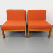 Set of 2 vintage Baumann armchairs in orange fabric and wood from the 80s
