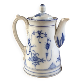 Sarreguemines 19th century white and blue coffee pot and pitcher