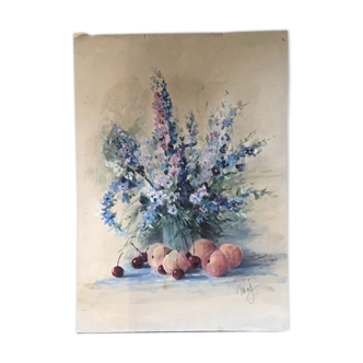 Painting bouquet of flowers and fruits
