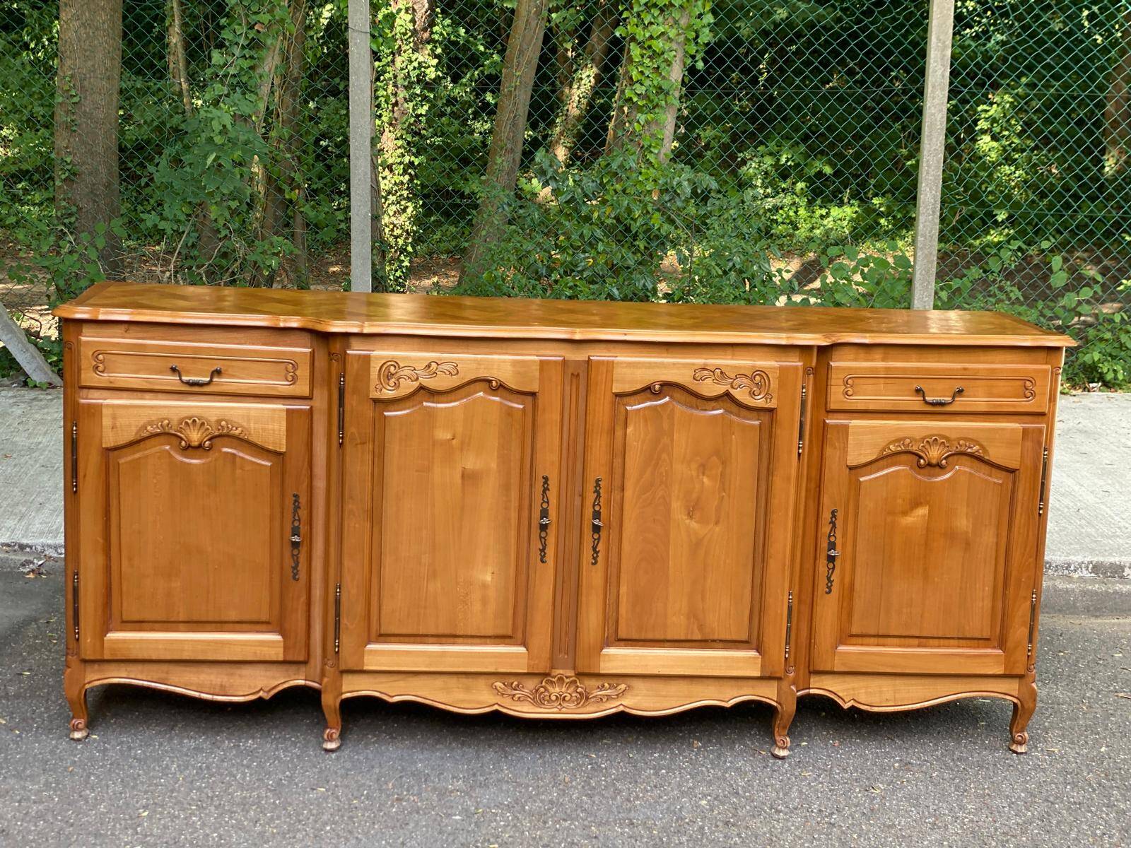 Light solid wood enfilade with Louis XV marquetry, 1950, 230cm.