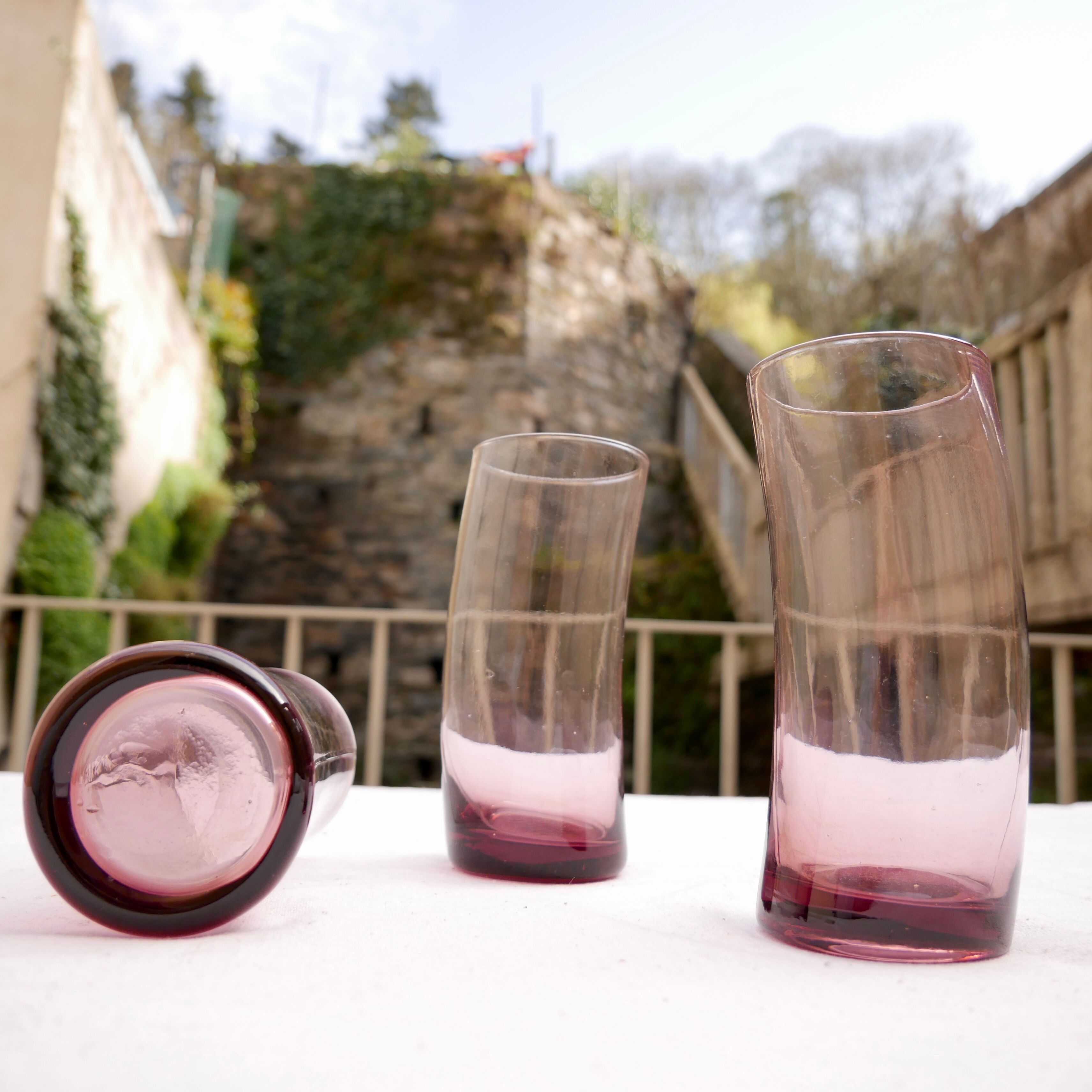 Set of 3 bent purple water glasses