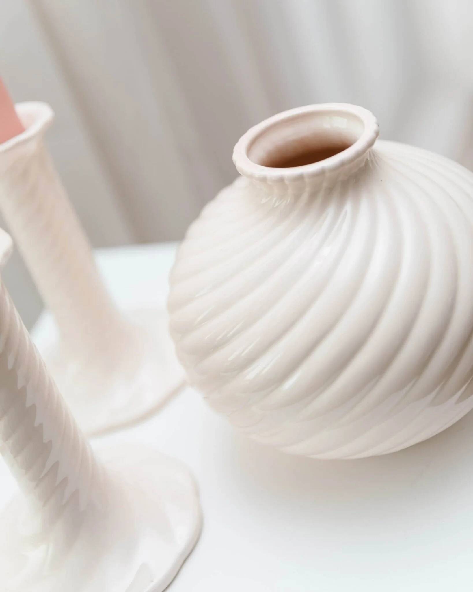 Cream ceramic mid-century set: two candle holders and a vase with white glaze, 1970s design