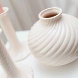 Cream ceramic mid-century set: two candle holders and a vase with white glaze, 1970s design