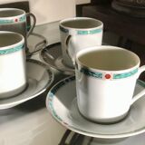 4 cups and saucers made of porcelain from Limoges, Haviland, green Châtelaine model
