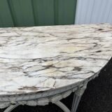 Louis XVI style half-moon console table with carved and painted wood and marble top
