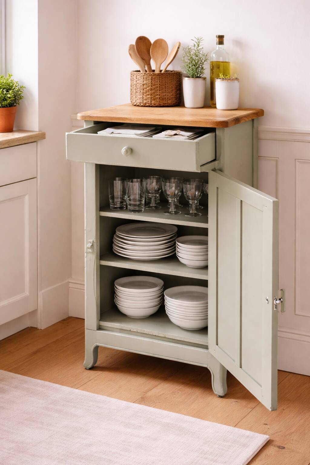 Vintage Parisian cupboard with 1 door, 1 drawer, reimagined in grey-green.