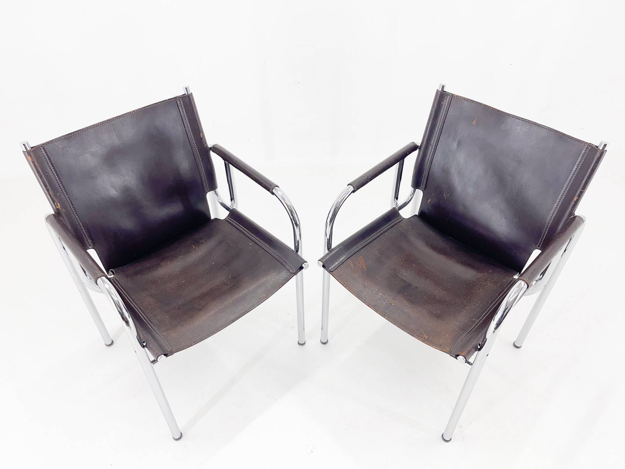 Pair of 1970s Vintage Hans Eichenberger Leather & Chrome Lounge Chairs, Labeled