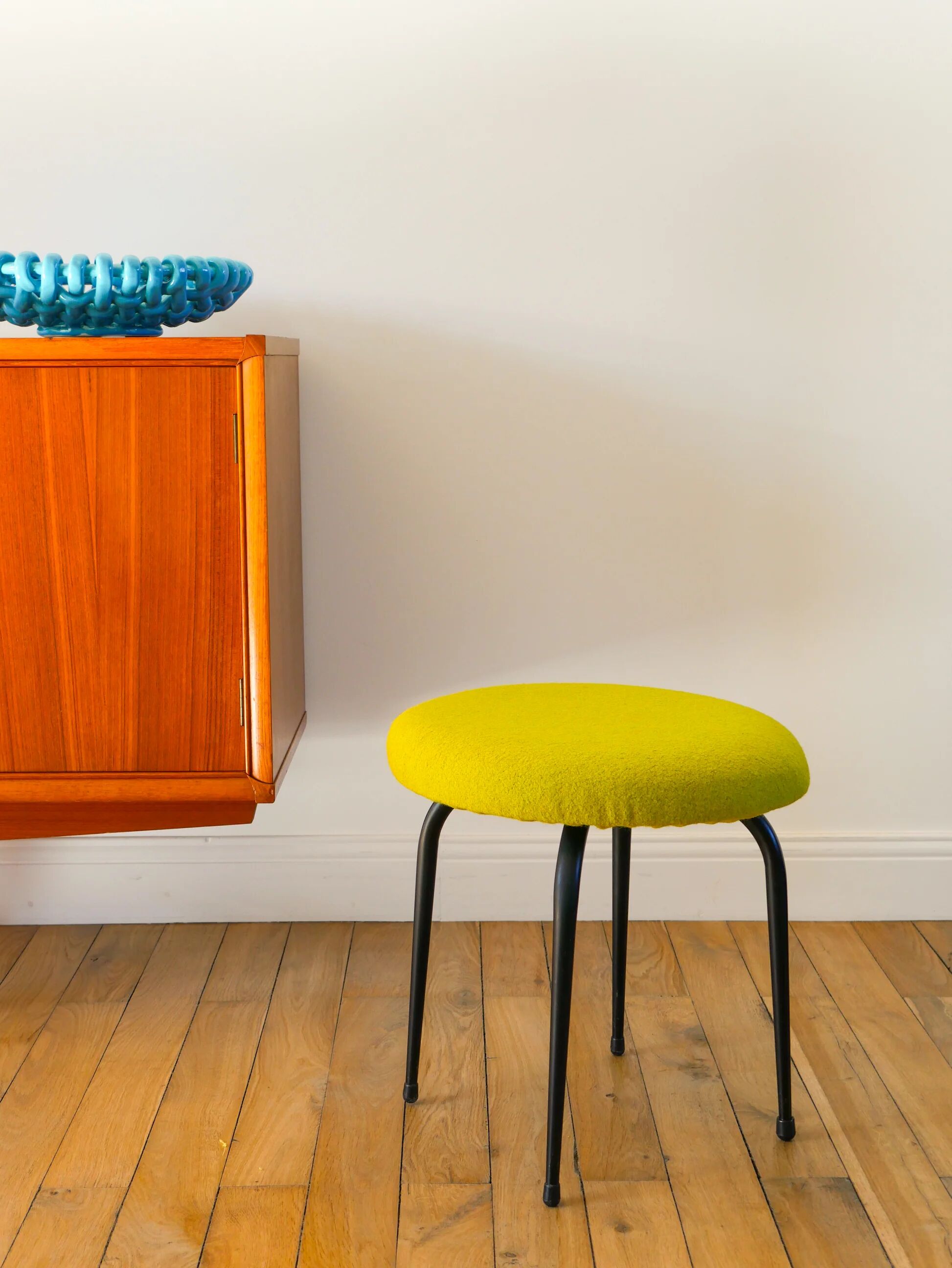 Black iron stool and boiled wool, green, 1960