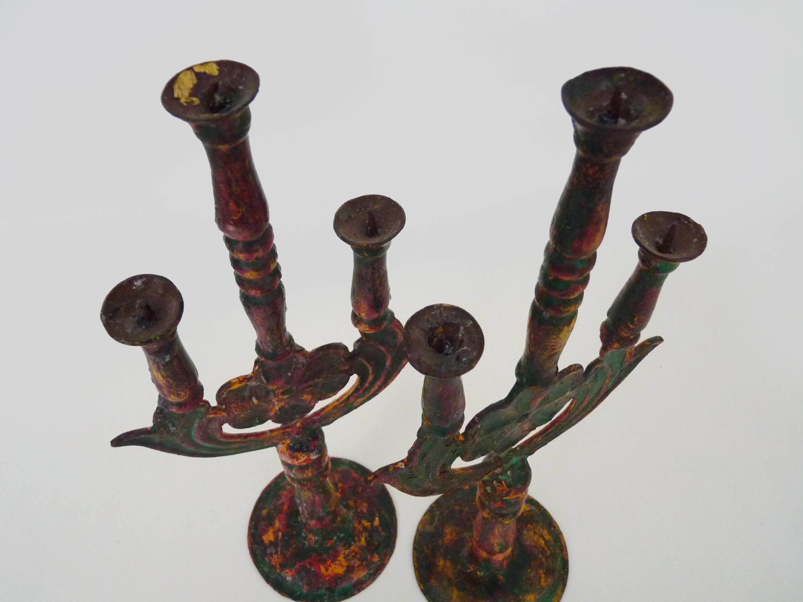 Pair of ethnic Indian candlesticks in vintage metal from the 60s