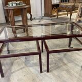 Burgundy lacquered metal, brass and beveled glass nesting tables, France 1950s