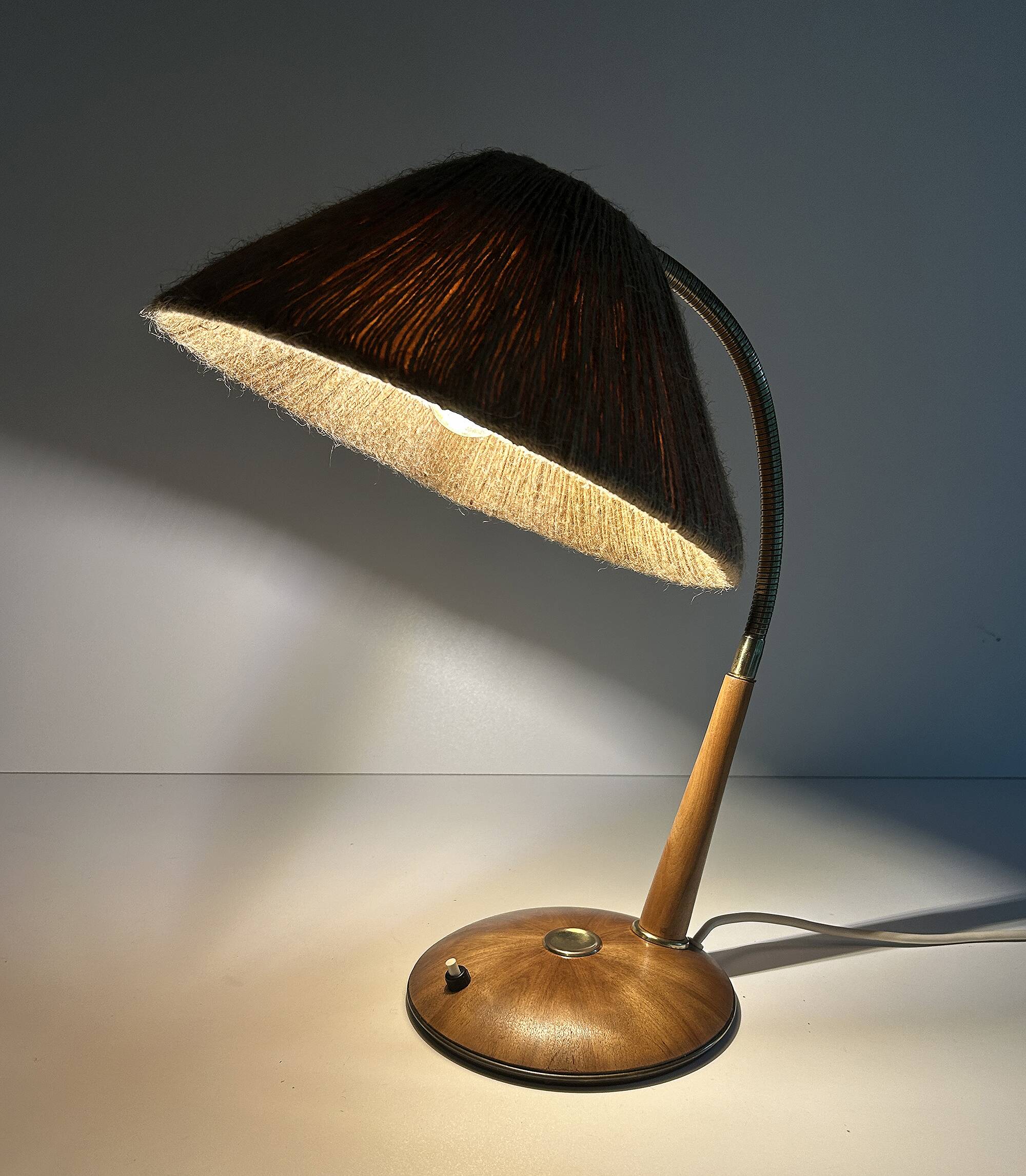 Vintage Scandinavian Lamp, Wood Brass Sisal